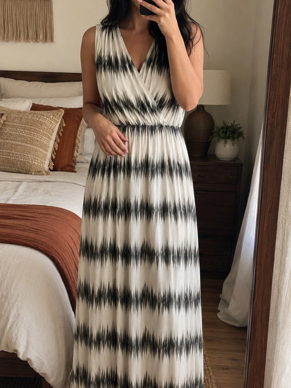Tribal Olive and Cream Tie-Dye V-Neck Maxi Dress
